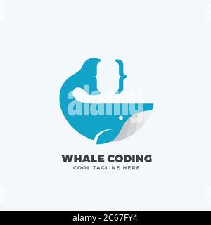 Whale Coding Abstract Vektor Emblem, Label, Logo Vorlage. Schwanz als Lockenstütze oder Symbol. Flache Silhouette. Stock Vektor