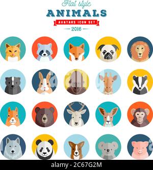 Flat Style Tiere Avatar Vektor-Set. Zwanzig Symbole. Stock Vektor