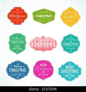 Vintage Typografie Helle Farbe Niedliche Weihnachten Vektor Abzeichen, Etiketten oder Aufkleber Set. Retro-Formen mit Kerze, Stern, Geschenk, Baum und Bordüren. Stock Vektor