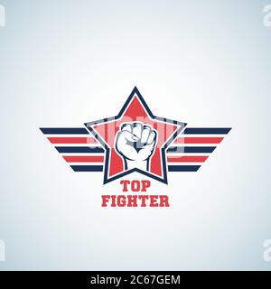 Top Fighter Abstract Vektor-Zeichen, Symbol, Symbol oder Logo-Vorlage. Auffallende Faust in rotem Stern mit stilisierten Flügeln. Stock Vektor