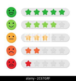 Feedback-Konzept. Farbbewertung mit fünf Sternen und Emoji-Skala für Web- und mobile App. Leute hinterlassen Kommentare und Kommentare. Zufriedenheitsgrad. Vektor Stock Vektor