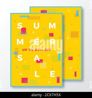 Sommer-Angebot Poster, Karte oder Flyer Vorlage. Moderne abstrakte flache Schweizer Stil Hintergrund mit dekorativen Elementen und Minimal Typografie. Leuchtend Rot Stock Vektor
