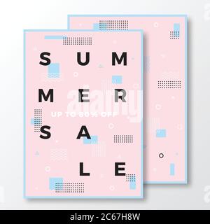 Sommer-Angebot Poster, Karte oder Flyer Vorlage. Moderne abstrakte flache Schweizer Stil Hintergrund mit dekorativen Elementen und Minimal Typografie. Rosa, Blau Stock Vektor