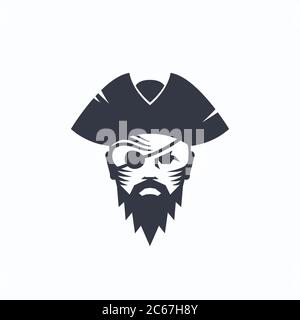 Pirate Head Abstract Vektor Logo Vorlage. Seemann Gesicht mit einem Augenaufnäher in einem Hut Illustration. Corsair-Symbol. Stock Vektor