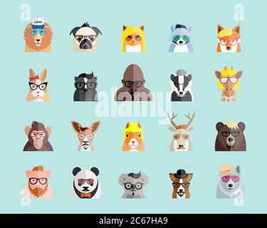 Flat Style Hipster Tiere Avatar Vektor Porträts oder Symbol-Set für Social Media, Websites, etc. Stock Vektor