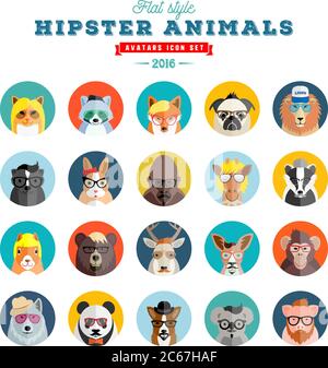 Flat Style Hipster Tiere Avatar Vektor-Symbol für Social Media oder Web Site. Tierporträts. Säugetiere Gesichter. Stock Vektor