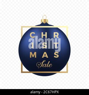 Weihnachtsangebot Banner oder Aufkleber. Blauer Ball auf transparentem Hintergrund mit Golden Modern Typografie. Stock Vektor