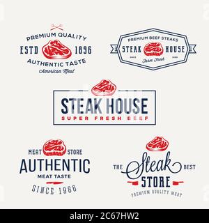 Steak House oder Meat Store Vintage Typografie Etiketten, Embleme, Logo Vorlagen. Schilder Gesetzt. Stock Vektor