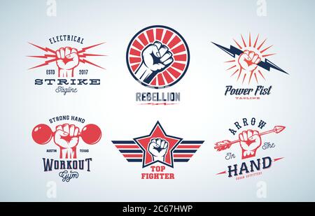 Abstrakter Vektor Fäuste Logo-Set. Verschiedene Konzepte mit Handzeichen oder Zeichen. Retro-Stil und Typografie. Stock Vektor