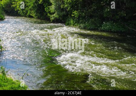 Sommerlandschaft mit Blick auf die Schwelle auf einem kleinen schnellen Fluss Stockfoto