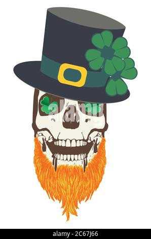 Abstrakter menschlicher Schädel mit Kleeblatt-Blättern-Design für St. Patrick's Day. Stock Vektor