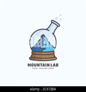 Mountain Lab abstrakte Vektor-Zeichen, Emblem oder Logo-Vorlage. Schneeball und Chemie-Flasche Konzept Symbol. Stock Vektor