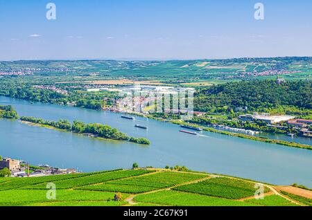 Luftpanorama der Rheinschlucht oder des Oberen Mittelrheintals mit Weinbergen, grünen Feldern, Bäumen, Waldhügel und kleinen Städten am Ufer, blauem Himmel, Rheinland-Pfalz, Hessen, Deutschland Stockfoto