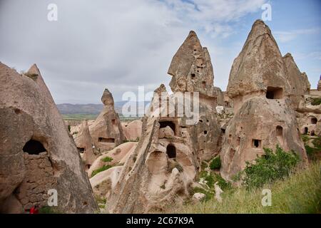 Cappadocia unterirdische Stadt in den Felsen, die alte Stadt der Steinsäulen.fabelhafte Landschaften der Berge von Cappadocia Goreme, Türkei Stockfoto