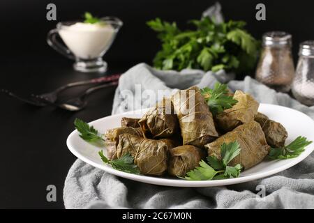 Dolma - gefüllte Traubenblätter mit Reis und Fleisch auf schwarzem Hintergrund. Traditionelle kaukasische, griechische, osmanische und türkische Küche Stockfoto