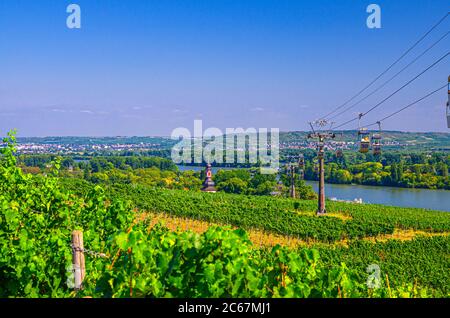 Seilbahn auf Seilbahnseilbahn von Rüdesheim am Rhein Stadt nach Roseneck Berg über Weinbergen Felder des Rheintals Hügel, blauer klarer Himmel Hintergrund in sonnigen Sommertag, Land Hessen, Deutschland Stockfoto