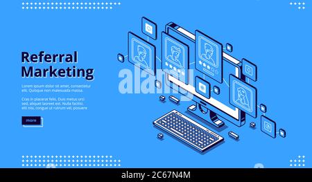 Isometrische Zielseite für Empfehlungsmarketing. Empfehlen Sie ein Treueprogramm für Freunde, eine Werbemethode, eine Geschäftsstrategie. Personen oder Kunden, die über das Netzwerk auf dem Laptop-Bildschirm verbunden sind. 3d-Vektor-Linie Art Web-Banner Stock Vektor