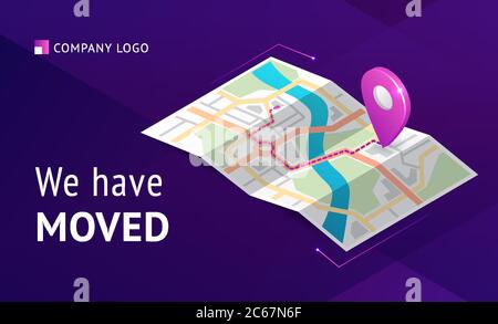 Wir haben Banner verschoben. Mitteilung über Änderung der Büroadresse, Geschäftsverlagerung. Vektor Landing Page des Umzugsgeschäfts mit isometrischer Karte mit Pfad und Zeiger Stock Vektor