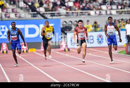 Justin Gatlin (USA), Yohan Blake (JAM), Yuki Koike (JAP), Ojie Edohurun (GBR). 100 Meter Männer, Halbfinale. Leichtathletik-Weltmeisterschaften, Doha 2019 Stockfoto