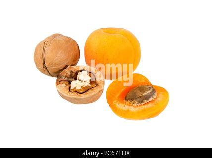 Aprikose und Walnüsse isoliert. Aprikosen mit Nüssen. Frisch geschnittene Aprikosenfrüchte und Walnüsse isolieren auf weißem Hintergrund. Stockfoto