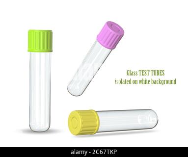 Setzen. Drei Glasröhrchen mit mehrfarbigen Kunststoffkappen. Isoliert auf weißem Hintergrund. Elemente für Design. 3 d Abbildung. Rendern Stockfoto