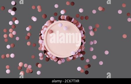 3d-Illustration. 3d-bunte Kugeln und ein rundes Banner mit Platz für Text. Element für Design. Stockfoto