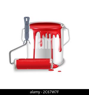 Eine offene Blechdose mit verschütteter roter Farbe und einer in Farbe verschmierten Walzenbürste. Stock Vektor