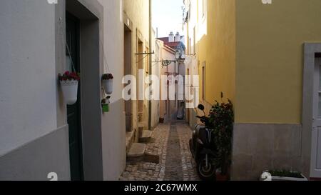 Architektur von Lissabon, der portugiesischen Hauptstadt. Wunderschöne alte Gebäude, Straßen mit Mosaikfliesen, Kathedralen und Aufzug. Stockfoto