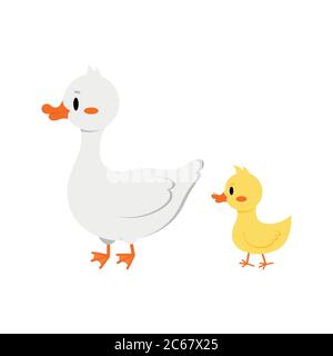 Weiße Gans mit Gänseküken-Symbol isoliert auf weißem Hintergrund. Stock Vektor