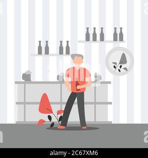 Mann im Weinladen Auswahl Wein in Glasflaschen. Stock Vektor