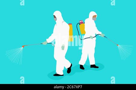 Vektorgrafik. Männer in Schutzanzug sprühen Desinfektionsmittel. International Nurses Day Poster zeigt ein Team von Beschäftigten im Gesundheitswesen in der Zeit der Stock Vektor
