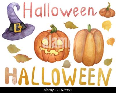 Halloween-Urlaub. Niedliche Aquarell-Illustrationen Set von Zeichnungen - orange Kürbis, lila Hexenhut, Jack Taschenlampe und Text-Schriftzug. Von Hand gezeichnet Stockfoto