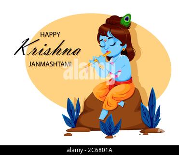 Glücklich Krishna Janmashtami. Lord Krishna in Happy Janmashtami Festival von Indien. Vektorgrafik Stock Vektor