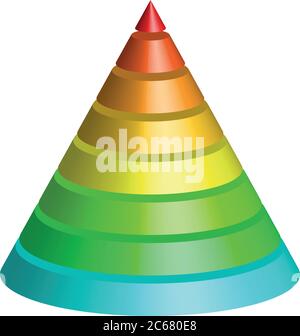 Geschichteter Kegel. 3D konische Pyramide von 8 mehrfarbigen Regenbogenspektrumschichten. Vektorgrafik. Stock Vektor