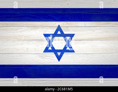 Israel Flagge auf alten Holzbrett Hintergrund gemalt. Gebürstetes Holzbrett Textur. Holzstruktur Hintergrund Flagge von Israel. Stockfoto