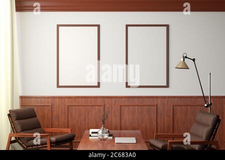 Zwei vertikale leere Poster an der weißen Wand im klassischen Stil des modernen Wohnzimmers Stockfoto