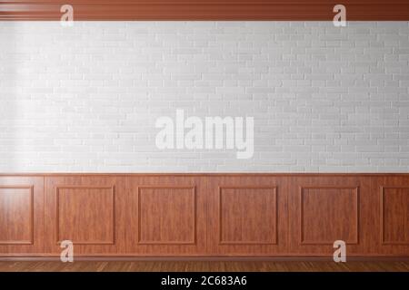 Blanker weißer Ziegelwand-Mockup im klassischen Stil Interieur des modernen Wohnzimmers. 3d-Illustration Stockfoto