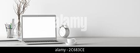 Arbeitsplatz mit Laptop-Modell. Weißer Schreibtisch und weiße Wände. Vorderansicht. 3d-Illustration Stockfoto