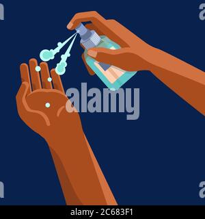 Antiseptisch im marineblauen Hintergrund. Afro Hände desinfizieren für soziale Banner, Hygiene-Propaganda, medizinische Poster, Web-Vorlage. Logo der Apotheke oder in Stock Vektor