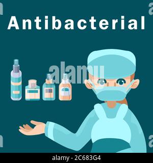 Antibakterieller Text mit Antiseptika auf blauem Hintergrund. Krankenschwester in Maske für soziale Banner, Hygiene-Förderung, medizinische Poster. Warnung für soziale Netzwerke oder in Stock Vektor