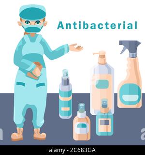 Antibakterieller Text mit Antiseptika auf weißem Hintergrund. Krankenschwester in Maske für soziale Banner, Hygiene-Förderung, medizinische Poster. Logo oder Info der Apotheke c Stock Vektor