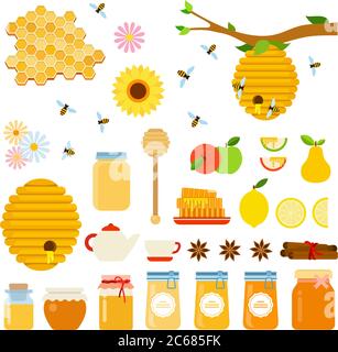 Set von Honig und Honigbiene Symbole flache Vektor Stock Vektor