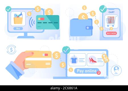 Online-Shopping, Zahlung, Lieferung, Bestellsatz Stock Vektor