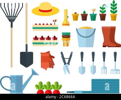 Set von Garten-Ausrüstung Symbole flache Vektor Stock Vektor