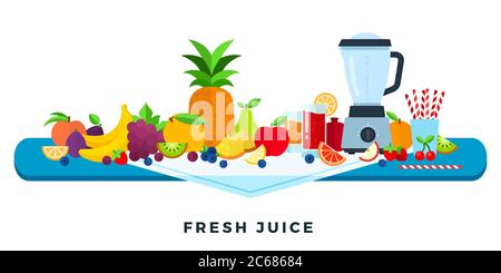 Fresh Juice Vektor flache Abbildung. Fruchtsäfte. Verschiedene Früchte und Beeren. Stock Vektor