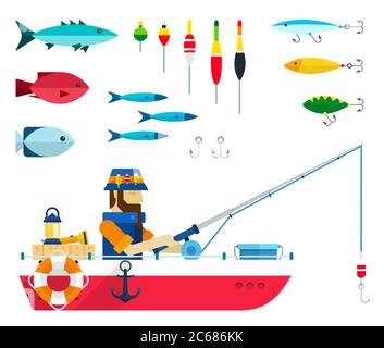 Satz von Sorten von Fischen, Schwimmern, Haken und Fischer mit Angelrute in einem Boot Vektor-Illustration Stock Vektor