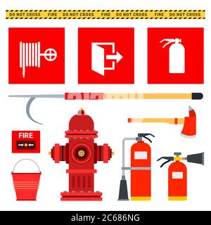 Set von Löschausrüstung. Flache Vektorgrafiken. Brandschutzanlagen Stock Vektor