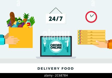 Lieferung von Lebensmitteln rund um die Uhr. Vektorgrafik flach. Schnelle Lieferung von Lebensmitteln durch die Anwendung Stock Vektor