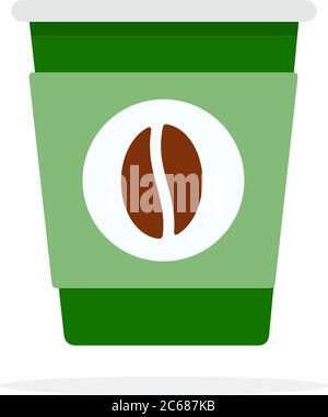 Grüne Papier Kaffeetasse mit Kaffeebohne Druck Vektor flach isoliert Stock Vektor