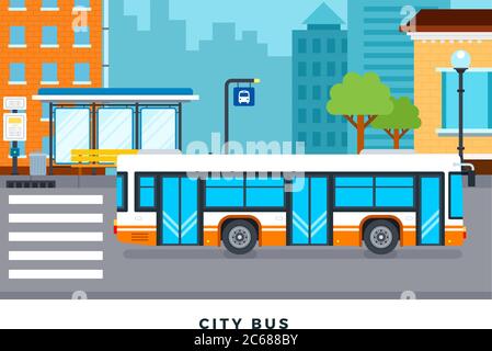 Öffentliche Bus und Verkehrsmittel halten in der Stadt Vektor-flache Abbildung. Stock Vektor